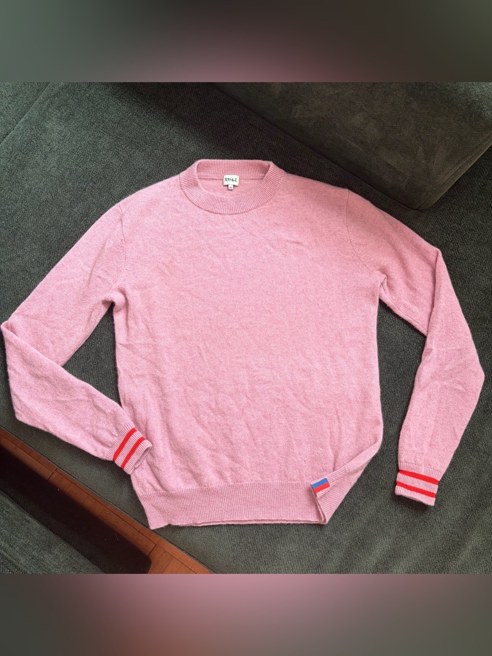 KULE Pink Cashmere Crew Neck Pullover Sweater with striped cuff detail, size XS